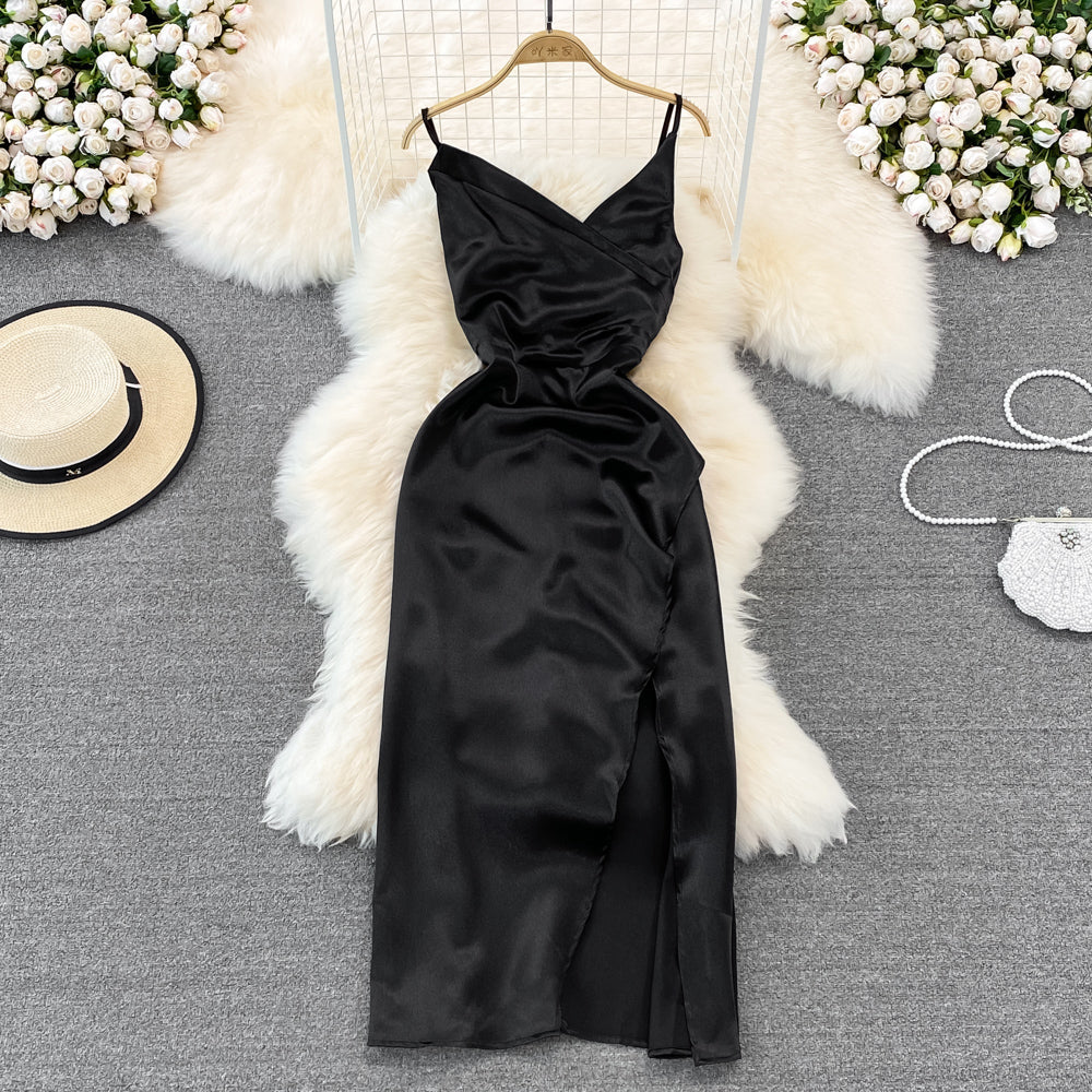 V-neck slim slim acetate Satin pleated split dress dress  11180