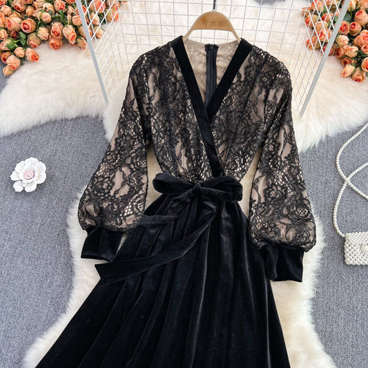Black V Neck Lace A Line Dress Fashion Dress  10888
