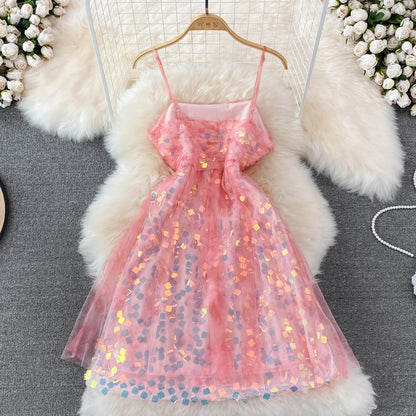 Glittering Sequin lady mesh pink suspender dress summer  11003