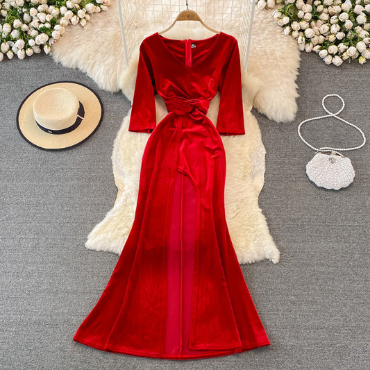 Stylish V Neck Velvet Long Dress Fahsion Dress  10938