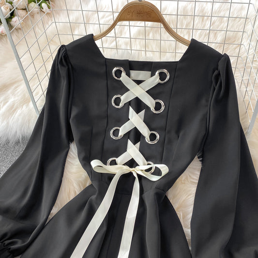 Black A Line Lace Short Dress Lace-Up Fashion Dress  10863