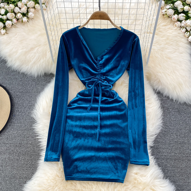 Sexy V Neck Velvet Long Sleeve Dress Fashion Dress  10864