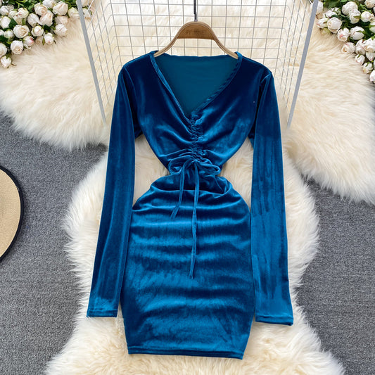 Sexy V Neck Velvet Long Sleeve Dress Fashion Dress  10864