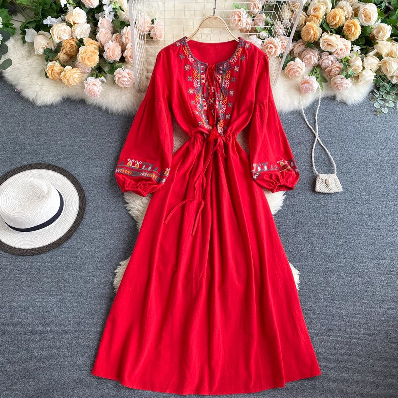 Simple Embroidered Long Sleeve Dress  10962