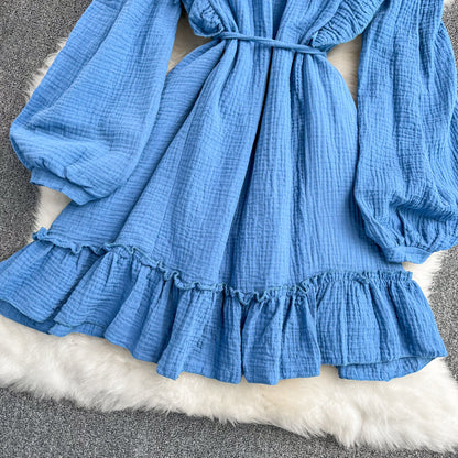 Blue V Neck Long Sleeve Dress Fashion Dress  10916