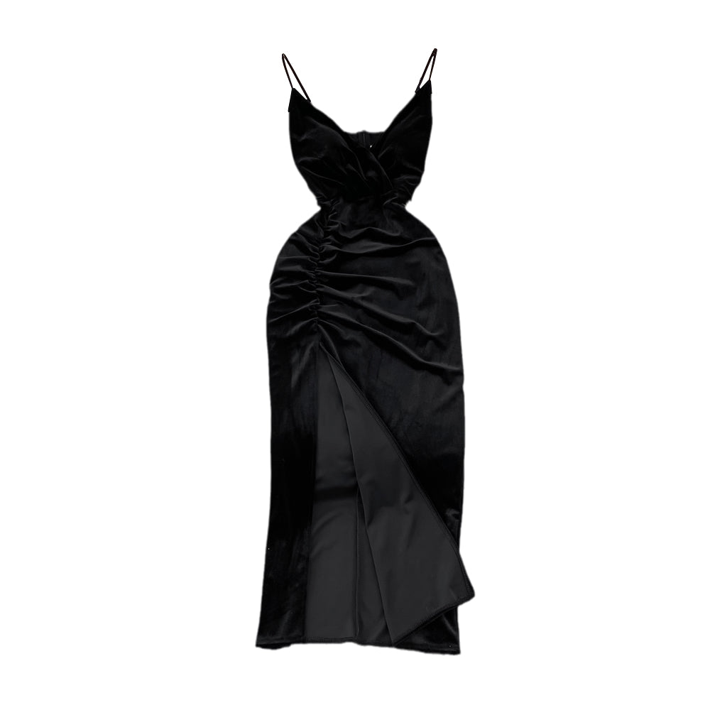 Slim open back split gold velvet dress suspender dress  11055