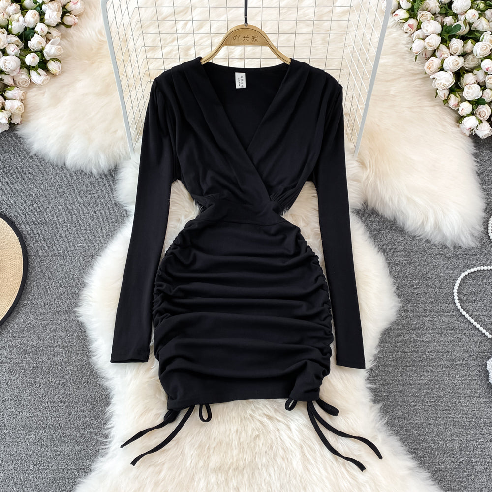 V-neck drawcord pleated sexy slim short Hip Wrap Dress  11118