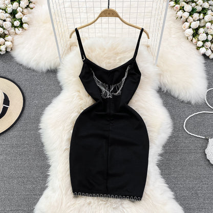 Sleeveless diamond studded tassel irregular Hip Wrap short dress  11153