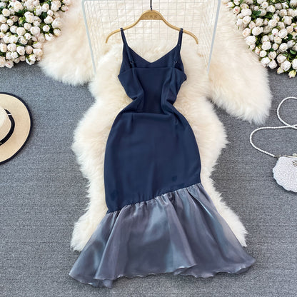 High sense V-neck suspender skirt with waist closed and thin fishtail buttock wrapped dress  11001
