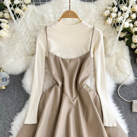 Fashionable Knitted Base Sweater + A Line PU Leather Dress Fashion Dress  10885