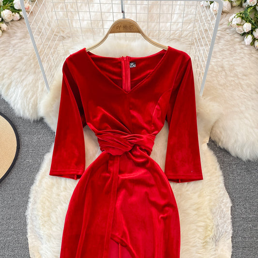 Stylish V Neck Velvet Long Dress Fahsion Dress  10938