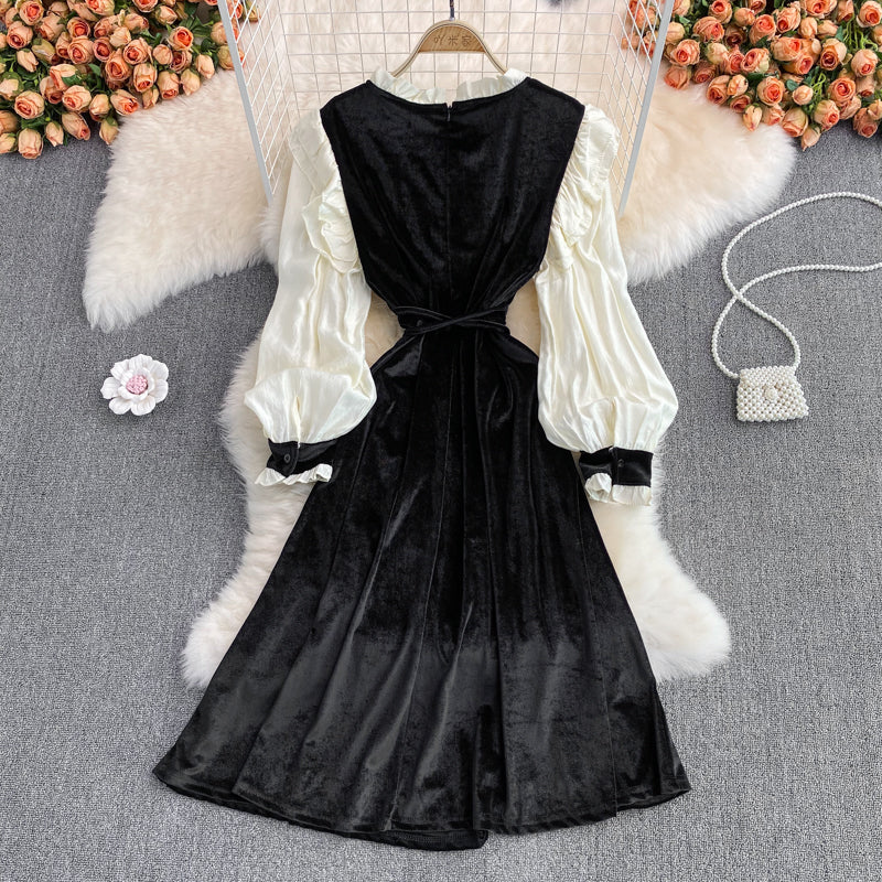 Black Velvet Long Sleeve Dress Fashion Dress  10954