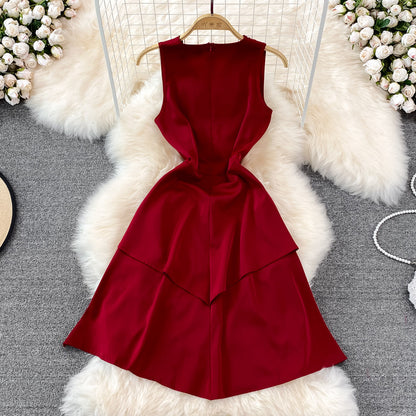 V-neck high waist slim Ruffle sleeveless A-line dress  11029