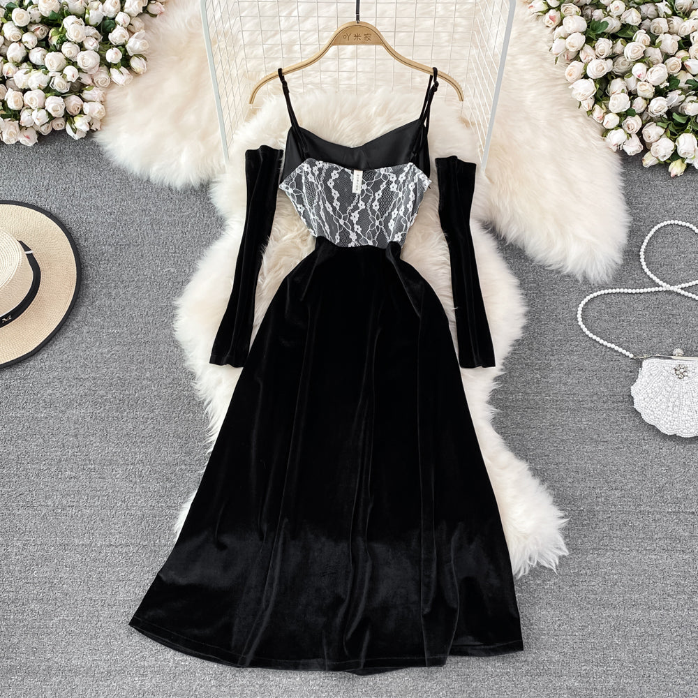 Hepburn style black velvet suspender skirt design sense evening dress skirt  10999