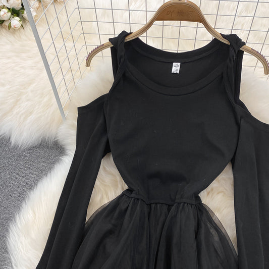 Black Irregular Long Sleeve Off Shoulder Dress Fashion Dress  10872