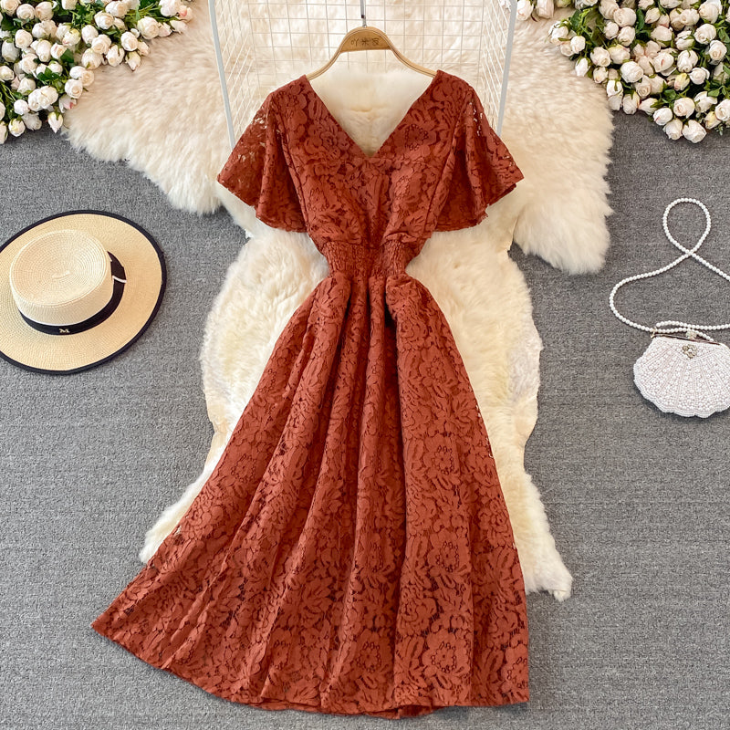 Cute V Neck Lace A Line Dress Fashion Dress  10919