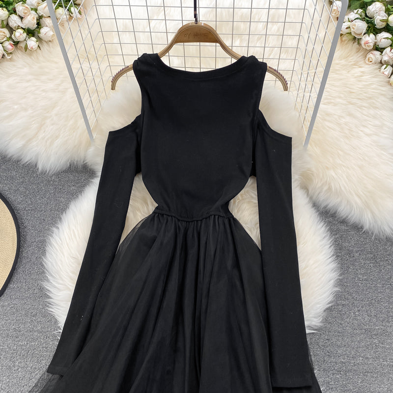 Black Irregular Long Sleeve Off Shoulder Dress Fashion Dress  10872