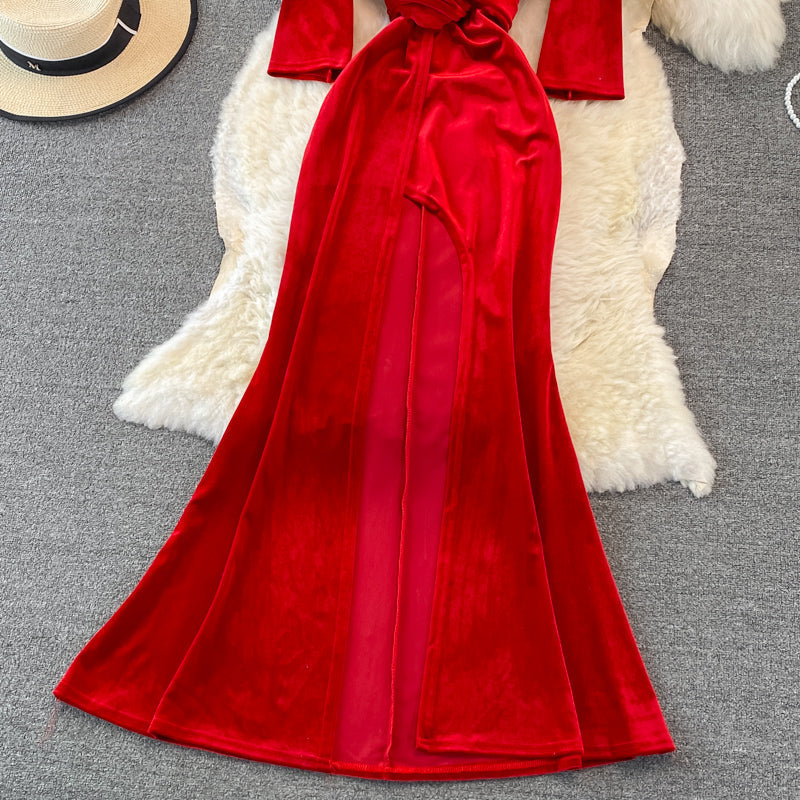 Stylish V Neck Velvet Long Dress Fahsion Dress  10938