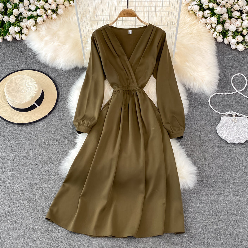 Simple V Neck Long Sleeve Dress Fashion Dress  10874