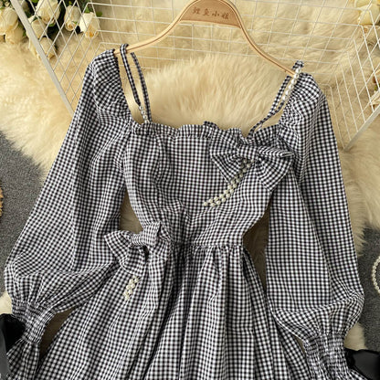 Cute Plaid Long Sleeve Dress Fashion Dress  10907