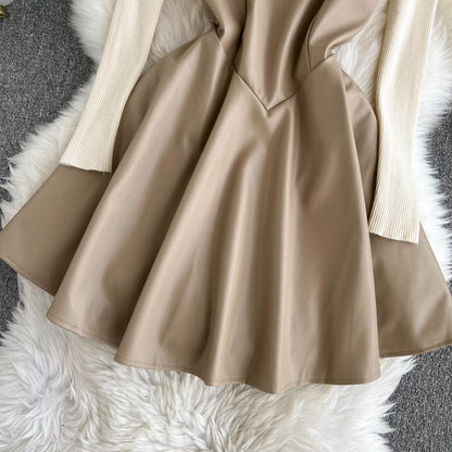 Fashionable Knitted Base Sweater + A Line PU Leather Dress Fashion Dress  10885