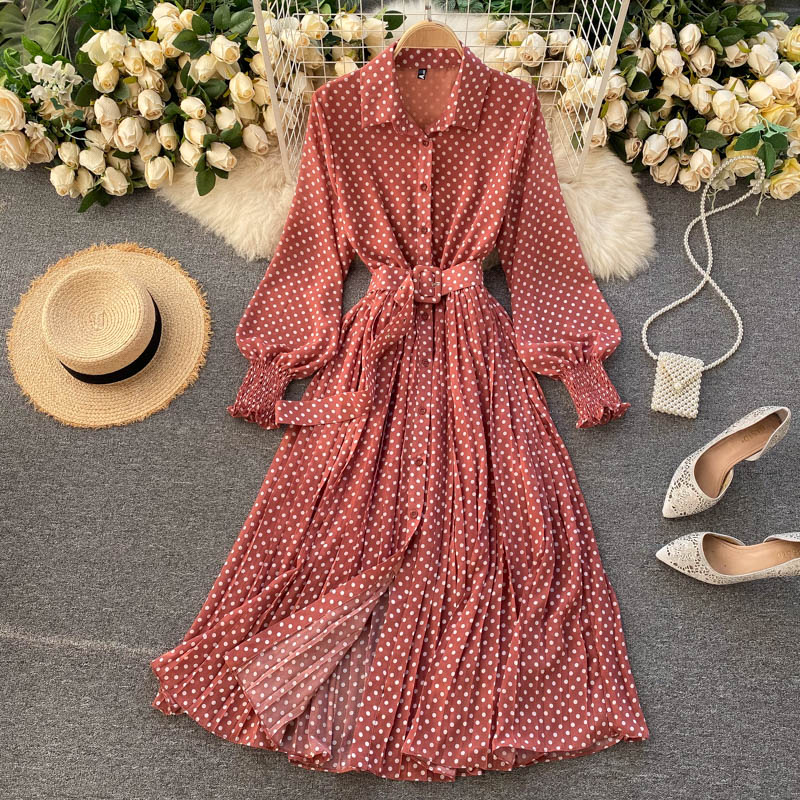 Fashionable A Line Polka Dot Long Sleeve Dress Fashion Dress  10924
