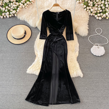 Stylish V Neck Velvet Long Dress Fahsion Dress  10938