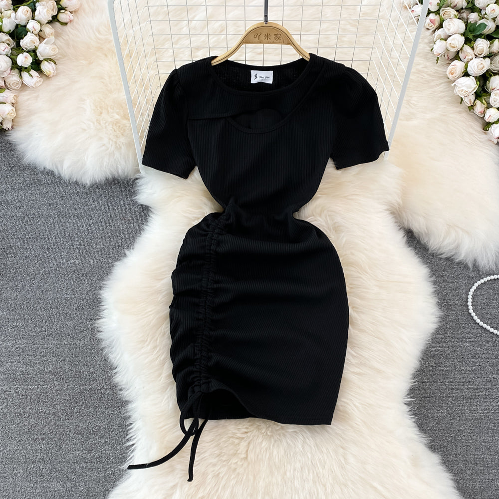 Spice Girl round neck chest hollowed out elastic tight drawstring short Hip Wrap Dress  10970