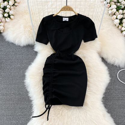 Spice Girl round neck chest hollowed out elastic tight drawstring short Hip Wrap Dress  10970