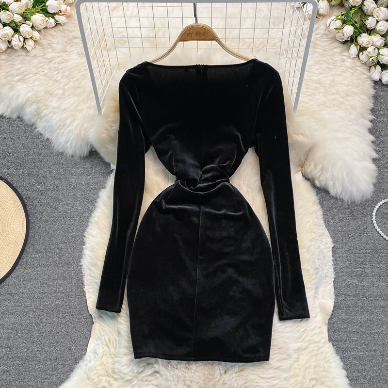 Black Velvet Long Sleeve Dress Sexy Dress  10948