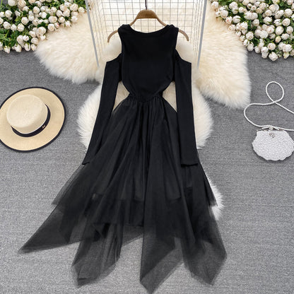 Black Irregular Long Sleeve Off Shoulder Dress Fashion Dress  10872