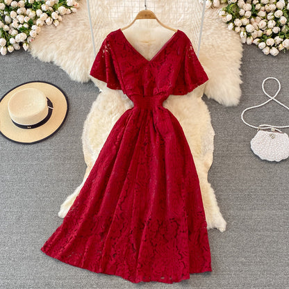 Cute V Neck Lace A Line Dress Fashion Dress  10919