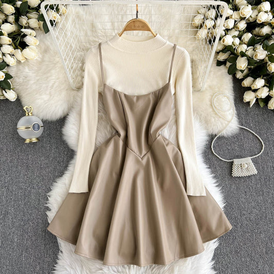 Fashionable Knitted Base Sweater + A Line PU Leather Dress Fashion Dress  10885