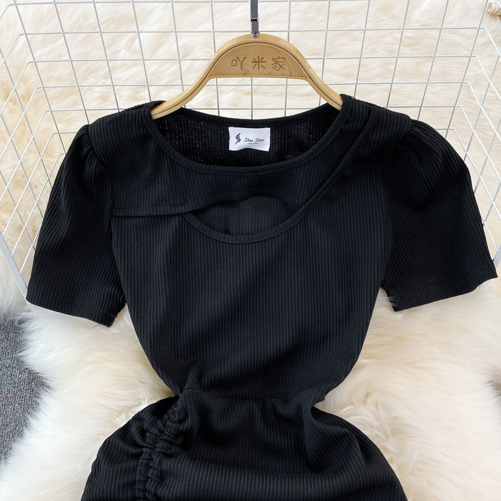 Spice Girl round neck chest hollowed out elastic tight drawstring short Hip Wrap Dress  10970