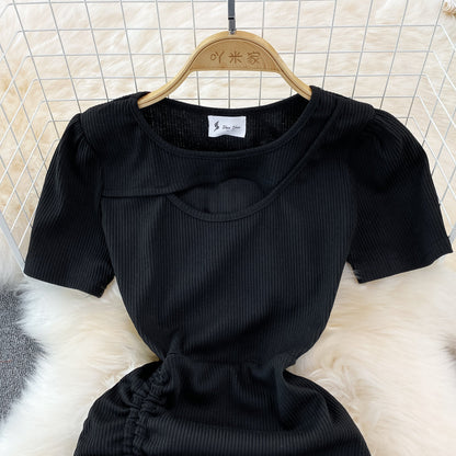 Spice Girl round neck chest hollowed out elastic tight drawstring short Hip Wrap Dress  10970