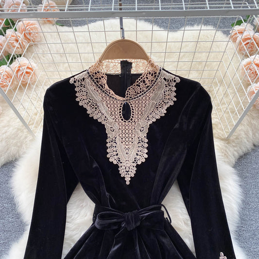 Black Velvet Lace Long Sleeve Dress Fashion Dress  10846