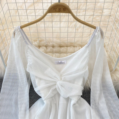 White V Neck Short Dress A Line Long Sleeve Dress  10819