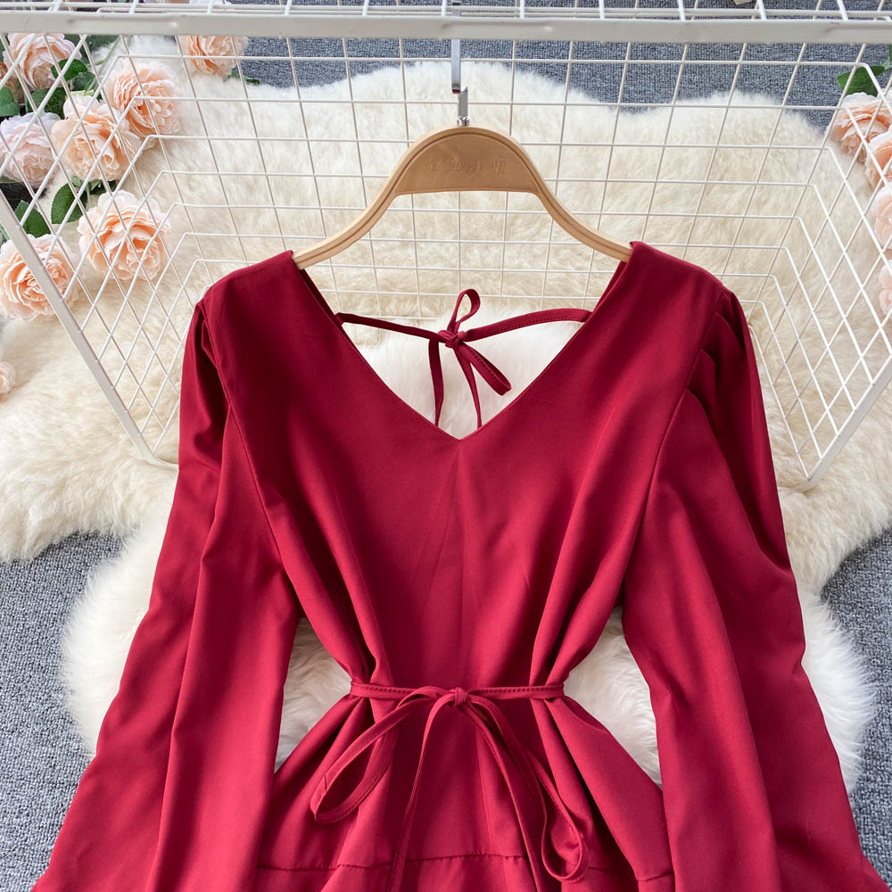 Simple V Neck Long Sleeve Dress Fashion Dress  10775