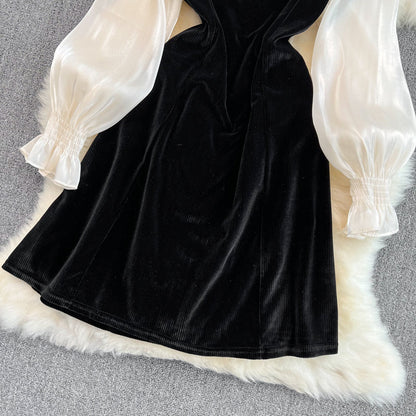 Cute V-Neck Bow Long Sleeve Dress Black Fashion Dress  10883