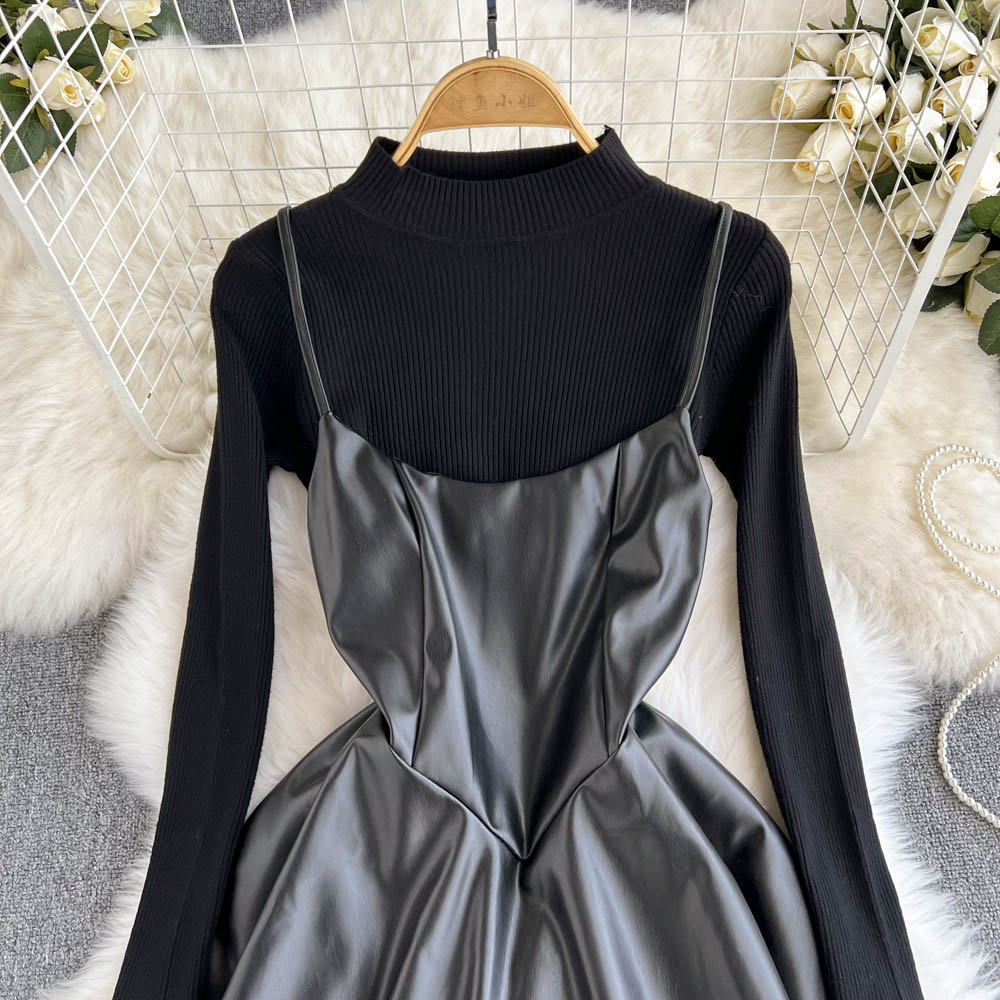 Fashionable Knitted Base Sweater + A Line PU Leather Dress Fashion Dress  10885