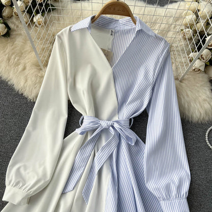 Fashionable Striped Long-Sleeved Irregular Dress  10752