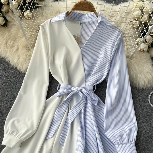 Fashionable Striped Long-Sleeved Irregular Dress  10752