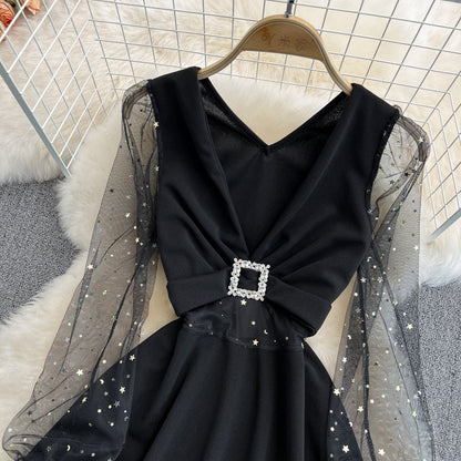 Black V Neck Short Dress A Line Fashion Dress  10832