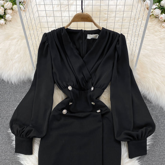 Black V Neck Long Sleeve Dress Fashion Dress  10843