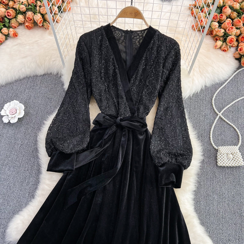 Black V Neck Lace A Line Dress Fashion Dress  10888