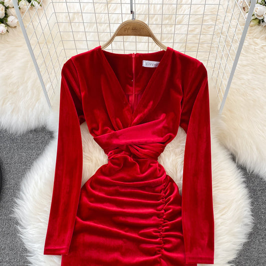 Simple V Neck Velvet Long Sleeve Dress Fashion Dress  10827