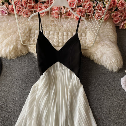 Cute V Neck A Line Dress Black And White Fashion Dress  10810