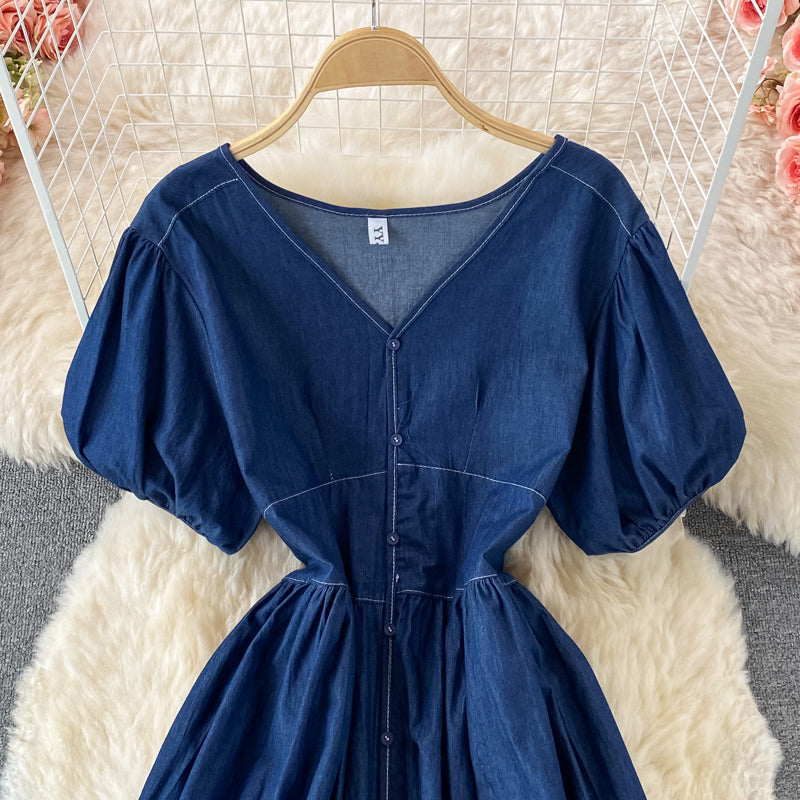 Simple V Neckline Denim Dress A Line Fashion Dress  10836