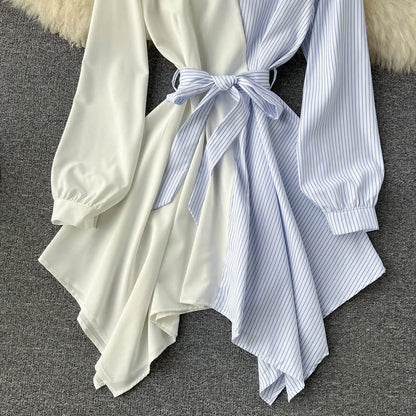 Fashionable Striped Long-Sleeved Irregular Dress  10752