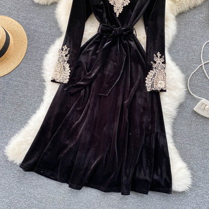 Black Velvet Lace Long Sleeve Dress Fashion Dress  10846